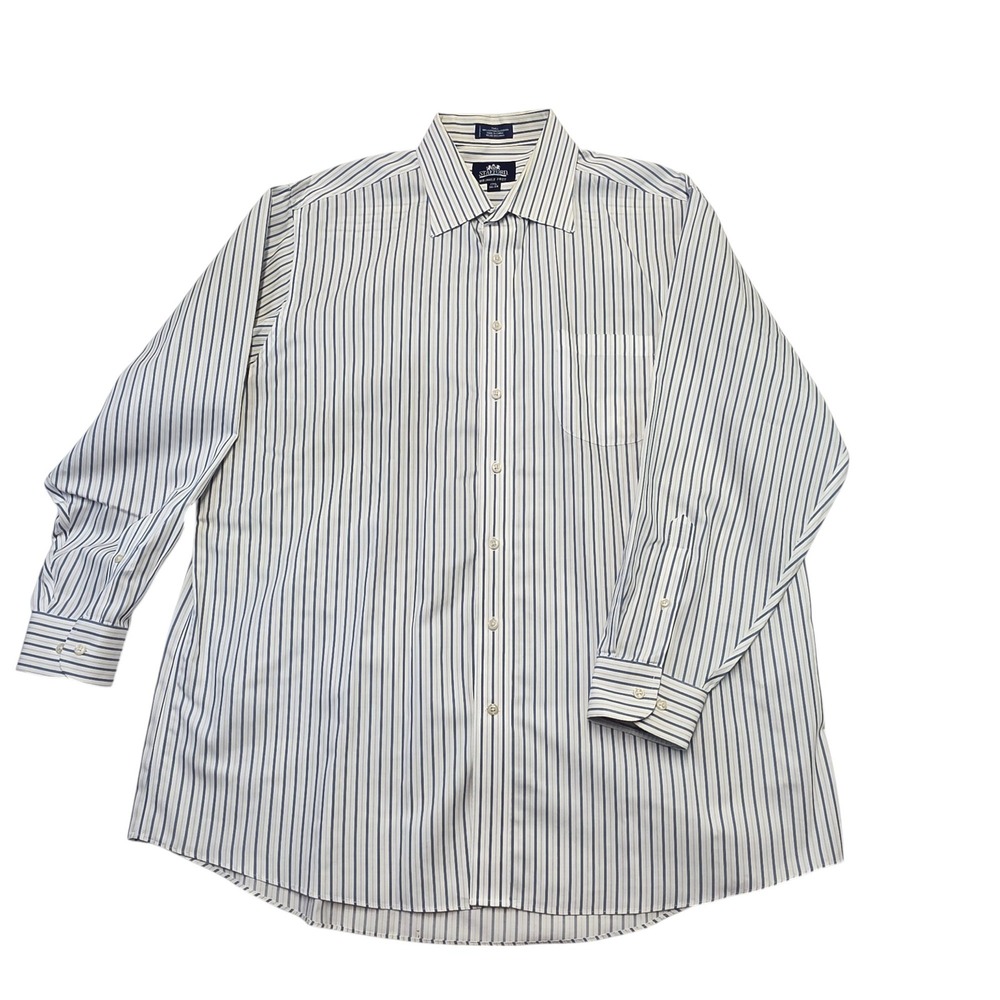 Stafford Wrinkle-Free Blue & White Striped Dress‎ Shirt, Size 17½, Classic Fit